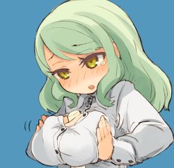 Rule 34 | 1girl, :o, between breasts, blue background, blush, breasts, breasts squeezed together, cleavage, dress shirt, grabbing own breast, green hair, large breasts, mota, nose blush, original, parted lips, sexually suggestive, shirt, simple background, solo, teardrop, tears, upper body, yellow eyes
