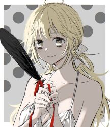 Rule 34 | 1girl, bags under eyes, bare shoulders, black feathers, blonde hair, breasts, brown eyes, choujin x, dress, feathers, grey background, hair ribbon, halterneck, highres, holding, holding feather, long hair, medium breasts, polka dot, polka dot background, red ribbon, ribbon, rokuen skd, shishinegura palma, smile, solo, string, string of fate, symbol-shaped pupils, twitter username, white dress, white ribbon