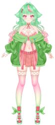 Rule 34 | 1girl, :3, alpha transparency, bad source, breasts, cleavage, fishnet thighhighs, fishnet top, fishnets, food-themed hair ornament, food print, full body, gradient hair, gradient thighhighs, green hair, green jacket, green thighhighs, hair ornament, highres, indie virtual youtuber, jacket, large breasts, melonminty, melonminty (vtuber), miniskirt, multicolored hair, off-shoulder jacket, off shoulder, pink eyes, pink hair, pink thighhighs, pleated skirt, skirt, smile, solo, streaked hair, thighhighs, transparent background, virtual youtuber, watermelon hair ornament, watermelon print