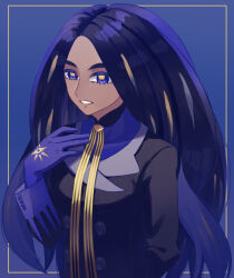 Rule 34 | 1girl, black hair, black jacket, blue background, blue eyes, blue gloves, blue shirt, buttons, commentary request, creatures (company), framed, game freak, geeta (pokemon), gloves, hand up, hinato (weeeeee i), jacket, long hair, neck ribbon, nintendo, parted lips, pokemon, pokemon sv, ribbon, shirt, smile, solo, upper body, yellow ribbon