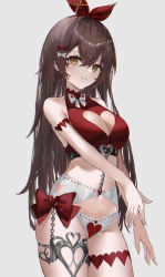 Rule 34 | 1girl, alternate breast size, alternate costume, amber (genshin impact), armlet, bare arms, bare shoulders, blush, bow, bow hairband, bowtie, breasts, brown hair, chain, cleavage, cleavage cutout, clothing cutout, cowboy shot, crop top, crossed bangs, frilled panties, frills, genshin impact, grey background, grin, groin, hair between eyes, hair ornament, hairband, halterneck, heart, heart cutout, highres, large breasts, lingerie, long hair, looking at viewer, midriff, navel, panties, parted lips, raiya atelier, red bow, ribbon, simple background, smile, solo, stomach, straight hair, teeth, thigh strap, thighlet, thighs, underwear, white bow, white bowtie, white panties, yellow eyes