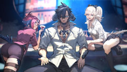 Rule 34 | 1boy, 2girls, ass, au ra, warrior of light (ff14), bar stool, bent over, black bow, black footwear, black hair, black pants, black skirt, black socks, blurry, blurry background, bow, cocktail glass, collared shirt, commentary, cup, dragon horns, dragon tail, dress shirt, drinking glass, english commentary, final fantasy, final fantasy xiv, glasses, hair bow, hide (hideout), highres, holding, holding cup, horns, indoors, jewelry, kneehighs, leaning on table, looking at viewer, multiple girls, necklace, open mouth, pants, pink hair, pink shirt, pleated skirt, ponytail, purple shorts, scales, shirt, shoes, shorts, sitting, skirt, sleeves rolled up, smile, smirk, socks, stool, tail, white hair, white shirt, wing collar