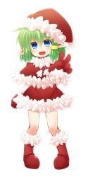 Rule 34 | 1girl, blue eyes, boots, capelet, christmas, fang, female focus, fur-trimmed boots, fur-trimmed capelet, fur trim, gloves, green hair, hat, highres, kso, looking at viewer, open mouth, original, pointy ears, red footwear, santa hat, simple background, skirt, solo, white background