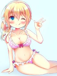 Rule 34 | 10s, 1girl, ;q, arm support, bare arms, bare shoulders, bikini, blonde hair, blue background, blush, bow, bow bikini, breasts, cleavage, closed mouth, collarbone, comic girls, commentary request, esureki, frilled bikini, frills, groin, hair between eyes, hand up, highres, koizuka koyume, large breasts, long hair, looking at viewer, low ponytail, navel, one eye closed, plaid, plaid bikini, purple bikini, side ponytail, sidelocks, smile, solo, swimsuit, tongue, tongue out, v