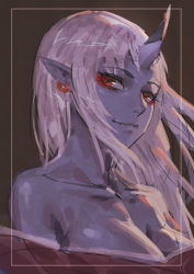 Rule 34 | 1girl, bad id, bad pixiv id, blue oni, blue skin, breasts, cleavage, closed mouth, colored skin, earrings, eyeshadow, fangs, fangs out, grey background, horns, japanese clothes, jewelry, kimono, large breasts, long hair, looking at viewer, makeup, off shoulder, oni, original, pointy ears, red eyes, simple background, single horn, smile, solo, upper body, white hair, zakusi