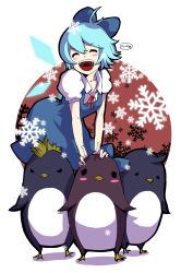 Rule 34 | 1girl, :d, ^ ^, animal, anshinmama, bad id, bad pixiv id, bird, blue dress, blue hair, blush, blush stickers, bow, cirno, closed eyes, dress, closed eyes, fairy wings, hair bow, highres, mohawk, open mouth, penguin, puffy sleeves, short sleeves, smile, snowflakes, solo, standing, sum, touhou, wings