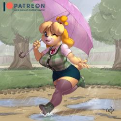 Rule 34 | 1girl, :3, animal crossing, artist name, black thighhighs, blonde hair, blue eyes, blue skirt, blush stickers, boots, breasts, claws, fang, female focus, full body, furry, furry female, grass, green footwear, green vest, grey sky, hair tie, hand up, happy, holding, isabelle (animal crossing), kevinsano, large breasts, looking at viewer, miniskirt, neck ribbon, nintendo, one eye closed, open mouth, outdoors, patreon logo, patreon username, pencil skirt, pink umbrella, puddle, rain, red ribbon, ribbon, running, shirt, short hair, short sleeves, signature, skirt, sky, smile, solo, sweater, sweater vest, thighhighs, topknot, transparent, transparent umbrella, tree, umbrella, vest, watermark, web address, wet, white shirt, wink, zettai ryouiki