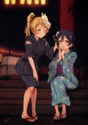 Rule 34 | 10s, 2girls, ayase eli, blonde hair, blue eyes, blue hair, bottle to cheek, covering own mouth, detached sleeves, festival, fox mask, grin, hair between eyes, hair ribbon, highres, japanese clothes, kimono, kimono skirt, lantern, lilylion26, long hair, love live!, love live! school idol festival, love live! school idol project, mask, mask on head, multiple girls, night, no socks, obi, one eye closed, open mouth, paper lantern, ponytail, ramune, red ribbon, ribbon, sandals, sash, signature, sitting, smile, sonoda umi, stairs, striped clothes, striped kimono, swept bangs, torii, wide sleeves, yellow eyes