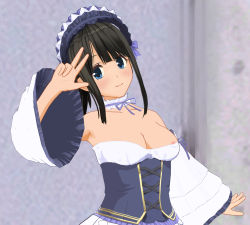 Rule 34 | 1girl, 3d, absurdres, black hair, blue corset, blue eyes, blush, bonnet, breasts, classmate daisuki, cleavage, closed mouth, collarbone, corset, detached collar, detached sleeves, dress, highres, long hair, long sleeves, looking at viewer, medium breasts, neck ribbon, nipple slip, nipples, no bra, ponytail, purple ribbon, ribbon, smile, solo, standing, w, wall, white dress, wide sleeves