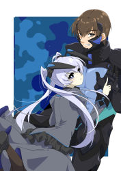 Rule 34 | 1boy, 1girl, bright pupils, brown eyes, brown hair, fortified suit, grey skirt, hair behind ear, highres, kamon rider, looking at viewer, military, military uniform, muv-luv, muv-luv alternative, muv-luv alternative (anime), open hand, parted lips, pilot suit, pointing, shirogane takeru, skirt, smile, twintails, uniform, white pupils, yashiro kasumi