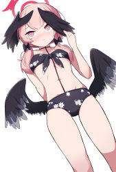 Rule 34 | 1girl, absurdres, arm behind back, bikini, black bikini, black bow, black wings, blue archive, blush, bow, breasts, closed mouth, collarbone, commentary, dutch angle, feathered wings, feet out of frame, floral print, front-tie bikini top, front-tie top, hair bow, hair over shoulder, halo, hand up, head wings, highres, kittenlochen, koharu (blue archive), koharu (swimsuit) (blue archive), long hair, low twintails, low wings, navel, nose blush, official alternate costume, pink eyes, pink hair, pink halo, print bikini, ringed eyes, simple background, small breasts, solo, strapless, strapless bikini, swimsuit, twintails, white background, wings