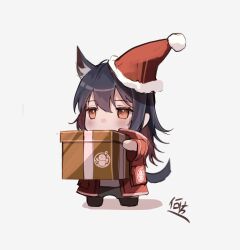 Rule 34 | 1girl, ahoge, alternate costume, animal ear fluff, animal ears, arknights, artist name, blue hair, blue tail, blurry, blush, box, brown eyes, brown footwear, chibi, christmas, christmas present, coat, colored inner hair, commentary, covered mouth, donata (donatasama), extra ears, eyelashes, from side, full body, fur-trimmed headwear, fur trim, gift, gift box, gift wrapping, grey pants, hair between eyes, hands up, hat, highres, holding, holding gift, invisible floor, long hair, long sleeves, looking afar, looking ahead, multicolored hair, open clothes, open coat, pants, penguin logistics logo, pocket, pom pom (clothes), pouch, red coat, red hair, red hat, santa hat, shirt, sidelocks, signature, simple background, solo, standing, tail, texas (arknights), two-tone hair, white background, white shirt, wide sleeves, wolf ears, wolf girl, wolf tail