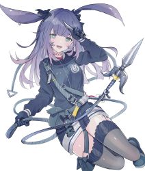 Rule 34 | 1girl, animal ears, arknights, bad id, bad pixiv id, belt, belt pouch, black eyes, black footwear, black gloves, black jacket, black thighhighs, blush, breasts, commentary, full body, gloves, hair ribbon, highres, holding, holding knife, jacket, knife, long hair, long sleeves, looking at viewer, medium breasts, open mouth, pouch, purple hair, rabbit ears, ribbon, rope, rope (arknights), seia (tikxxx), shoes, simple background, smile, solo, strap, thighhighs, thighs, weapon, white background, zettai ryouiki