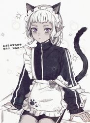 Rule 34 | 1boy, absurdres, alternate costume, androgynous, animal ears, apron, arm support, black jacket, black shorts, cat boy, cat ears, cat tail, chinese commentary, chinese text, commentary request, cowboy shot, dungeon meshi, elf, expressionless, frilled apron, frills, highres, jacket, kemonomimi mode, limited palette, long sleeves, looking at viewer, maid apron, maid headdress, male focus, navia84789947, paw print, pointy ears, purple eyes, short bangs, short hair, shorts, sitting, solo, strap slip, tail, thistle (dungeon meshi), track jacket, translation request, trap, white apron, white background, white hair, zipper