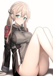 Rule 34 | 1girl, absurdres, anchor hair ornament, aqua eyes, ass, black jacket, blonde hair, bottomless, breasts, closed mouth, commentary request, cross, gloves, grey jacket, hair ornament, highres, iron cross, jacket, kantai collection, knees up, large breasts, long hair, looking at viewer, low twintails, military jacket, military uniform, multicolored clothes, multicolored jacket, neon p, no headwear, prinz eugen (kancolle), sitting, solo, twintails, uniform, white background, white gloves