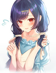 Rule 34 | 1girl, absurdres, black hair, blue skirt, blush, collarbone, commentary request, hands up, highres, holding, holding own hair, idolmaster, idolmaster shiny colors, long hair, looking at viewer, morino rinze, open mouth, red eyes, short sleeves, skirt, sky cappuccino, smile, solo, swept bangs, twintails, upper body, white background