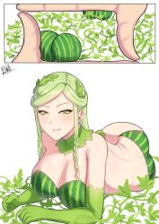 Rule 34 | 1girl, 2koma, artist name, ass, back, band-width, bikini, blush, braid, breasts, choker, cleavage, clenched hand, comic, elbow gloves, food, food print, fruit, gloves, green choker, green eyes, green gloves, green hair, grin, half-closed eyes, highres, large breasts, leaf, leaf on head, long hair, looking at viewer, lying, on stomach, original, personification, side braid, smile, solo focus, strapless, strapless bikini, swimsuit, thighhighs, twin braids, watermelon, watermelon print