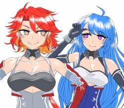 Rule 34 | 2girls, 36rt, azur lane, blue hair, breasts, cleavage, elbow gloves, gloves, gluteal fold, hands on own hips, helena (azur lane), highres, looking at another, multiple girls, orange eyes, phoenix (azur lane), purple eyes, red hair, wiping forehead