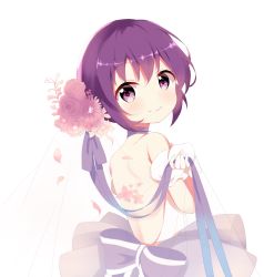 Rule 34 | 1girl, absurdres, back bow, backless dress, backless outfit, bad id, bad pixiv id, bow, dress, flower, from behind, gloves, gochuumon wa usagi desu ka?, hair flower, hair ornament, hair ribbon, highres, holding, holding ribbon, kira kira (pixiv12705077), looking at viewer, looking back, petals, pink flower, purple eyes, purple hair, purple ribbon, ribbon, short hair, simple background, smile, solo, strapless, strapless dress, tedeza rize, white background, white bow, white dress, white gloves