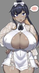 Rule 34 | 1girl, :o, absurdres, black hair, blonde hair, blue eyes, blush, breasts, brooch, cleavage, clothing cutout, collared dress, colored inner hair, covered navel, dark-skinned female, dark skin, dress, goddess of victory: nikke, goma., hair ribbon, hand on own hip, high ponytail, highres, huge breasts, jewelry, multicolored hair, noise (cherry blossom stage) (nikke), noise (nikke), official alternate costume, open mouth, pleated dress, ribbon, see-through, see-through sleeves, simple background, spoken blush, sweat, white dress, white ribbon