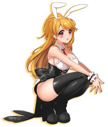 Rule 34 | 1girl, absurdres, animal ears, black footwear, black thighhighs, breasts, cleavage, detached collar, dopamine70, earrings, facial tattoo, fake animal ears, fingernails, full body, heart, heart tattoo, highres, jewelry, large breasts, leotard, long hair, looking at viewer, mole, mole on breast, nail polish, necktie, open mouth, orange hair, original, playboy bunny, rabbit ears, red eyes, red nails, red necktie, shoes, simple background, solo, squatting, star (symbol), star earrings, tattoo, thighhighs, thighs, white background, wrist cuffs