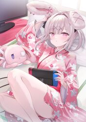 Rule 34 | 1girl, animal ears, commentary, commission, floral print kimono, hair intakes, hair ornament, highres, indie virtual youtuber, japanese clothes, kimono, kurage cc, long hair, pantyhose, pink eyes, pink hair, pink kimono, rabbit ears, sidelocks, skeb commission, solo, stuffed animal, stuffed rabbit, stuffed toy, symbol-only commentary, television, usatama amyu, virtual youtuber, white pantyhose, x hair ornament