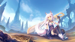 Rule 34 | 1girl, animal ear fluff, animal ears, bag, bike shorts, black thighhighs, blurry, blurry background, boots, breasts, campfire, cleavage, cloud, cloudy sky, commentary request, fox ears, fox girl, fox tail, gloves, greatsword, green eyes, hair between eyes, heterochromia, holding, holding sword, holding weapon, knees up, long hair, looking at viewer, medium breasts, mountainous horizon, original, red eyes, sidelocks, sitting, sky, solo, sword, tail, tenmaso, thighhighs, weapon, white hair