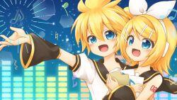 Rule 34 | 1boy, 1girl, arm tattoo, blonde hair, blue eyes, blush, bow, brother and sister, detached sleeves, folder, hair bow, hair ornament, hairclip, headphones, highres, holding, holding folder, kagamine len, kagamine rin, musical note, number tattoo, open mouth, paper, short hair, short ponytail, siblings, tattoo, twins, vocaloid, yakumohikari