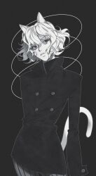 Rule 34 | 1other, absurdres, androgynous, animal ears, black background, cat ears, cat tail, chimera ant, curly hair, highres, hunter x hunter, long sleeves, looking to the side, monochrome, neferpitou, other focus, paaangya, short hair, simple background, solo, tail, upper body, white hair
