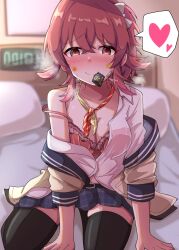 Rule 34 | 1girl, bandaid, bandaid on face, bed sheet, black thighhighs, blue skirt, blush, bow, bra, breasts, checkered clothes, checkered skirt, collarbone, commentary request, condom, condom in mouth, ginmugi, hair between eyes, hair bow, hair flaps, half-closed eyes, heart, highres, idolmaster, idolmaster shiny colors, indoors, jacket, komiya kaho, lace, lace-trimmed bra, lace trim, long hair, long sleeves, looking at viewer, medium breasts, miniskirt, mouth hold, on bed, open clothes, open shirt, pillow, pink bra, ponytail, red eyes, red hair, sexually suggestive, shirt, sidelocks, skirt, smile, solo, spoken heart, sticker on face, sweat, thighhighs, thighs, underwear, white jacket, white shirt, zettai ryouiki