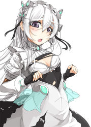 Rule 34 | 10s, 1girl, bra, breasts, chaika trabant, cleavage, fingerless gloves, gloves, grey eyes, hairband, hitsugi no chaika, lolita hairband, long hair, looking at viewer, open mouth, rindou (faker&#039;s manual), silver hair, simple background, small breasts, solo, torn clothes, underwear, white background