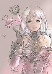Rule 34 | 1girl, 2022, arciela v adoulin, arm at side, artist name, bare shoulders, black gloves, breasts, candy, dated, detached sleeves, final fantasy, final fantasy xi, food, gloves, grey eyes, grey hair, hand up, highres, hume, leafkin, long hair, long sleeves, looking at viewer, macaron, medium breasts, parted lips, pink sleeves, piyoco, red lips, smile, solo, star (symbol)