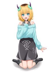 Rule 34 | 1girl, absurdres, bare shoulders, bead necklace, beads, black footwear, black skirt, blonde hair, blue eyes, blue sweater, blunt bangs, boots, collarbone, commentary, demon horns, fake horns, full body, hand up, highres, horns, jewelry, kneeling, long sleeves, looking at viewer, medium hair, mem-cho, multicolored hair, multiple rings, nail polish, necklace, no pupils, off-shoulder sweater, off shoulder, oshi no ko, pink nails, puffy sleeves, ring, roots (hair), simple background, skirt, solo, sweater, tomioka (r2czw), v over mouth, white background