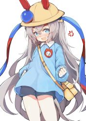 Rule 34 | 1girl, anger vein, animal ears, annoyed, bag, blue eyes, blue shirt, blush, character request, clenched hand, fang, grey hair, grey shorts, hand on own hip, hat, highres, horse ears, horse girl, horse tail, kindergarten uniform, long hair, open mouth, school hat, shirt, shorts, simple background, solo, tail, teranekosu, umamusume, very long hair, white background, yellow hat