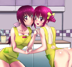 Rule 34 | 10s, 2girls, :d, apron, ass, blush, breasts, female focus, holding hands, hoshizora ikuyo, hoshizora miyuki, kitchen, long hair, looking at viewer, mother and daughter, multiple girls, naked apron, open mouth, ponytail, precure, purple eyes, purple hair, pussy, short hair, skyofgs, smile, smile precure!, uncensored