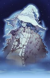 Rule 34 | 1girl, blue eyes, blue hair, blue skin, cloak, colored skin, commentary, cracked skin, dress, elden ring, english commentary, extra arms, extra faces, fur cloak, hat, hat ornament, highres, large hat, long hair, moon, outdoors, oxcoxa, ranni the witch, sky, solo, star (sky), starry sky, steepled fingers, wavy hair, white dress, witch hat