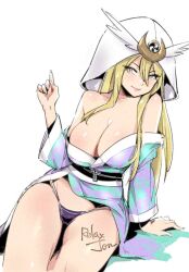 Rule 34 | 1girl, bare shoulders, blonde hair, breasts, cleavage, fairy tail, japanese clothes, large breasts, long hair, mature female, selene (fairy tail), solo