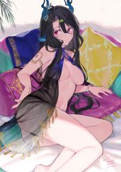 Rule 34 | 1girl, absurdres, ahoge, arm support, armpit crease, ass, warrior of light (ff14), babydoll, bare arms, bare legs, bare shoulders, barefoot, bed sheet, black babydoll, black hair, black panties, blue babydoll, blue horns, blush, bracelet, breasts, breasts apart, character request, closed mouth, commentary, cushion, eyelashes, final fantasy, final fantasy xiv, fingernails, hair between eyes, halterneck, highres, horns, huge filesize, jewelry, large breasts, leaf, lingerie, long hair, looking to the side, lying, mole, mole under mouth, multicolored nails, nail polish, navel, negligee, no bra, on side, panties, parted bangs, pearl bracelet, reclining, red eyes, see-through, sidelocks, signature, solo, stomach, tail, tattoo, two-tone, underboob, underwear, uni (melm)