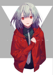 Rule 34 | 1girl, :d, collared shirt, commentary request, green shirt, grey hair, hair between eyes, jacket, long sleeves, looking at viewer, medium hair, necktie, open clothes, open jacket, open mouth, original, red eyes, red jacket, shirt, smile, solo, white necktie, wing collar, yamakawa