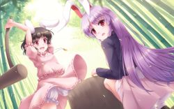 Rule 34 | 2girls, :d, :o, animal ears, bamboo, bamboo forest, bloomers, brown hair, carrot necklace, commentary request, crotchless, crotchless bloomers, day, dress, dutch angle, forest, highres, inaba tewi, kine, long hair, lzh, mallet, mochitsuki, multiple girls, nature, necklace, open mouth, outdoors, panties, pantyshot, pink dress, pink skirt, pleated skirt, purple hair, rabbit ears, rabbit girl, rabbit tail, red eyes, reisen udongein inaba, short hair, skirt, smile, squatting, swinging, tail, touhou, underwear, v-shaped eyebrows