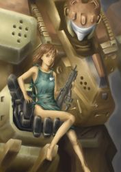 Rule 34 | 1girl, armored core, armored core 3, brown hair, female focus, from software, gun, legs, mecha, robot, short hair, sitting, solo, weapon