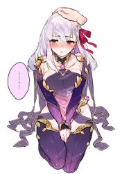 Rule 34 | ..., 1girl, absurdres, blush, commentary, detached sleeves, disembodied hand, fate/grand order, fate (series), grey hair, headpat, highres, kama (fate), long hair, own hands together, red eyes, seiza, shiratori yokikana, sitting, spoken ellipsis, thighhighs, white background