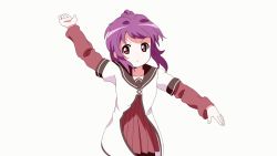 Rule 34 | &gt; &lt;, 1girl, animated, animated gif, closed eyes, dancing, double v, dress, long hair, non-web source, open mouth, outstretched arms, pantyhose, ponytail, purple hair, red eyes, sailor dress, school uniform, serafuku, simple background, solo, spread arms, sugiura ayano, v, white background, yuru yuri