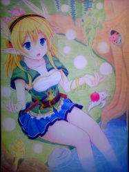 Rule 34 | bare legs, blonde hair, capelet, colored pencil (medium), creature, elf, green theme, highres, kittona, knife, looking at viewer, miniskirt, open hands, painting (medium), pointy ears, river, skirt, smile, solo, traditional media, tree, watercolor (medium), weapon
