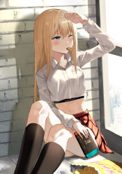 Rule 34 | 1girl, absurdres, arm up, black socks, blonde hair, blue eyes, blush, breast pocket, brown skirt, chips (food), closed mouth, collarbone, collared shirt, crop top, food, food in mouth, hair between eyes, highres, holding, kneehighs, knees up, long hair, long sleeves, midriff, navel, nintendo switch, one eye closed, original, pleated skirt, pocket, shirt, sidelocks, sitting, skirt, socks, solo, thighs, white shirt, wrist cuffs, yeolyeo