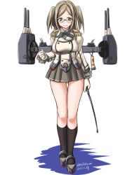Rule 34 | 10s, 1girl, alternate hairstyle, brown hair, cannon, epaulettes, green eyes, kantai collection, katori (kancolle), military, military uniform, no eyewear, riding crop, smile, solo, tatsumi ray, turret, twintails, two side up, uniform