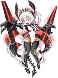 Rule 34 | 1girl, abyssal ship, black bodysuit, black necktie, bodysuit, breasts, chibi, claws, colored skin, eyeball hair ornament, fast light carrier water demon, hair between eyes, horns, kantai collection, long hair, medium breasts, necktie, open mouth, oso (toolate), pointy ears, red eyes, simple background, solo, very long hair, white background, white hair, white skin