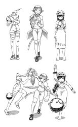 Rule 34 | 3girls, animal ears, animal hands, barefoot, bowling, cat tail, dorei, full body, futaba channel, glasses, heart, heart in mouth, highres, kaitai, kaitai-san, kyuuki, long hair, looking at viewer, maid, monochrome, monster girl, multiple girls, nijiura maids, open mouth, scar, screw, semi-rimless eyewear, severed head, shikyou-aki (placeholder), shirt, shoes, shorts, simple background, smile, stitches, t-shirt, tail, toes, under-rim eyewear, white background, wings, zombie