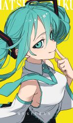 Rule 34 | 1girl, absurdres, ahoge, aqua eyes, aqua hair, aqua necktie, artist name, bare shoulders, black skirt, breasts, character name, collared shirt, detached sleeves, finger to mouth, from side, hair between eyes, hatsune miku, highres, looking at viewer, medium breasts, mugi626, necktie, pleated skirt, shirt, sidelocks, skirt, sleeveless, sleeveless shirt, smile, solo, twintails, vocaloid, yellow background