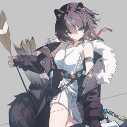 Rule 34 | 1girl, absurdres, animal ear fluff, animal ears, arknights, armlet, arrow (projectile), bare shoulders, belt, black coat, black gloves, bow (weapon), breasts, brown hair, closed mouth, coat, collar, cowboy shot, dress, fingerless gloves, fur-trimmed coat, fur trim, gloves, highres, holding, holding bow (weapon), holding weapon, infection monitor (arknights), looking at viewer, lunacub (arknights), medium breasts, off shoulder, open clothes, open coat, qtian, quiver, short hair, solo, tail, weapon, white dress, wolf ears, wolf girl, wolf tail, yellow eyes